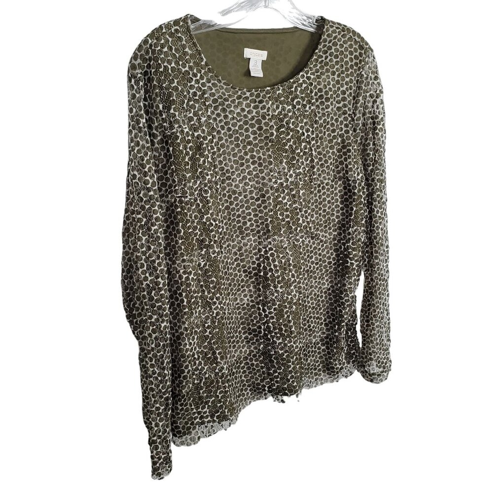 Chico's 3 Size XL Shirt Layered Ruffle Polka Dot Multi Mesh Lace Long Sleeves